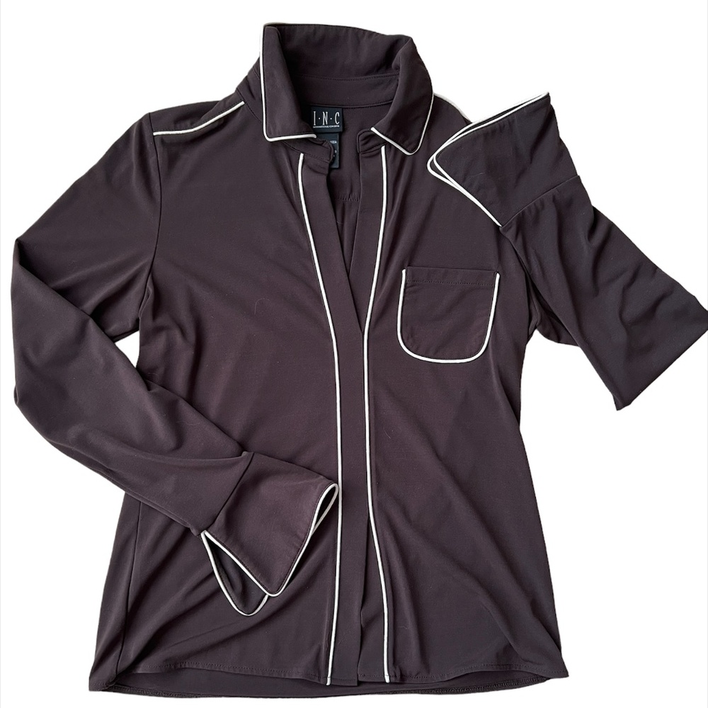 INC Bowling Style Blouse in Chocolate with Cream Piping